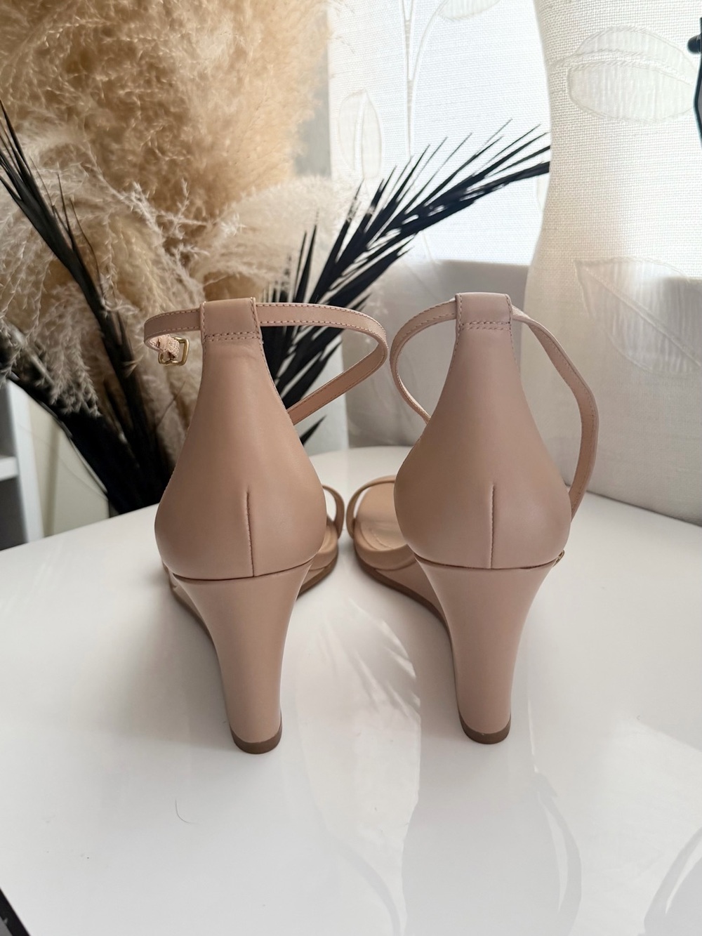 Coach Tan/ Nude Ankle-Strap Heeled Sandals with Gold Buckle - Picture 3 of 3